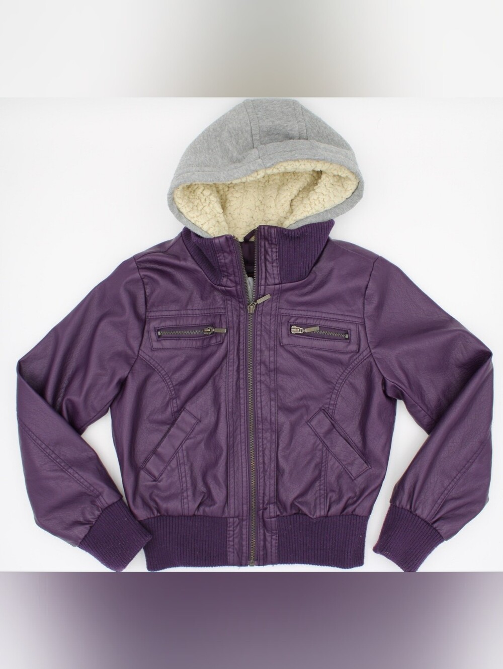 NY YOKI Girls Purple Faux Leather Bomber Jacket Sherpa Hoodie Size 8